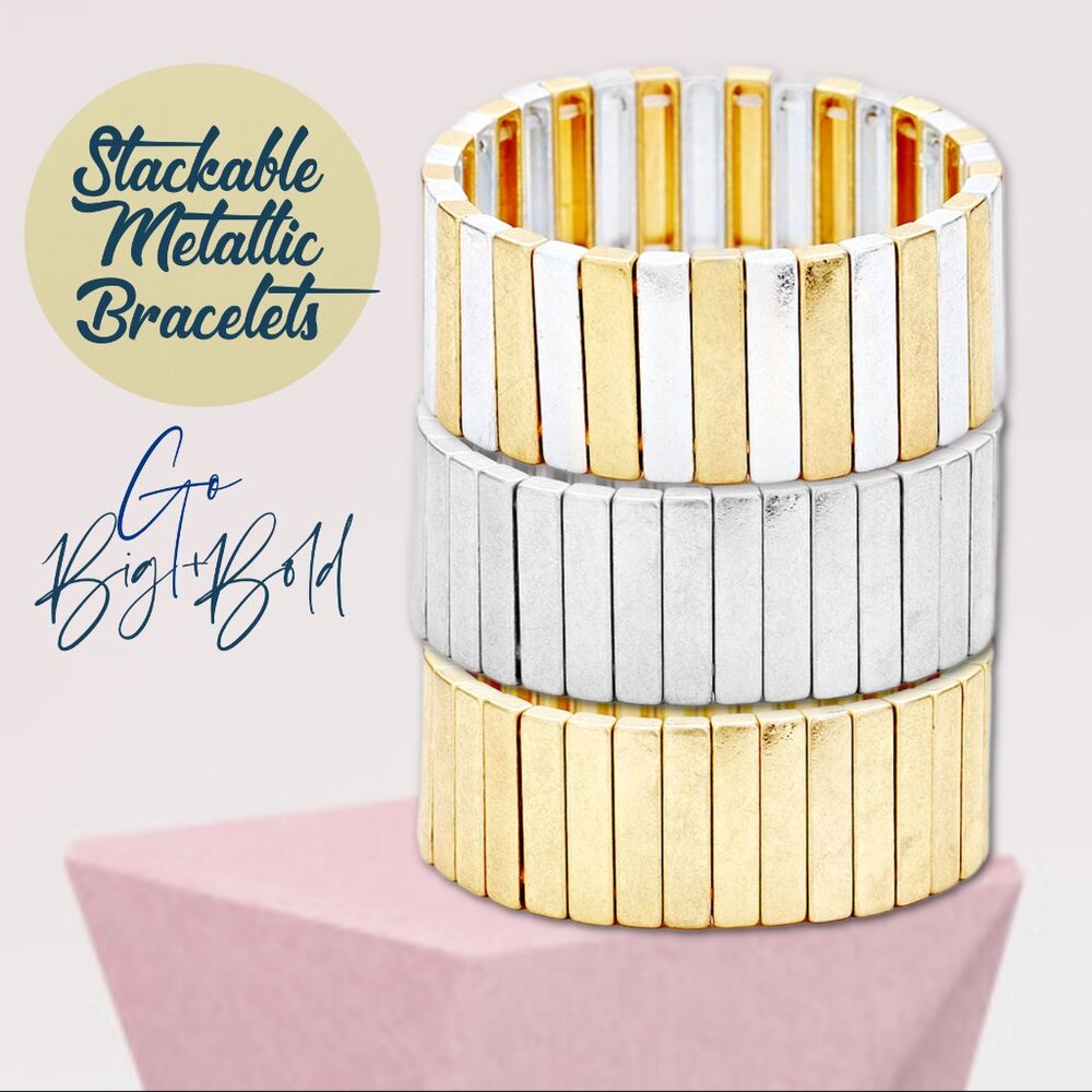 Big Bold Beautiful Metallic Gold & Silver Geometric Stretch Bracelets NEW